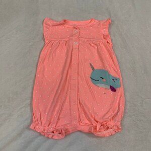 5/$25 Carter's peach narwhal unicorn sleeveless shorts romper jumper outfit